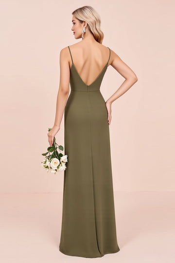 Olive spaghetti bretelles fourreau froncé longue robe de demoiselle d’honneur